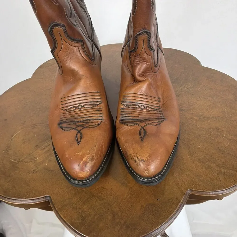 Vintage 80s Acme Brown Western Cowboy Boots Men 10E Black Stitching